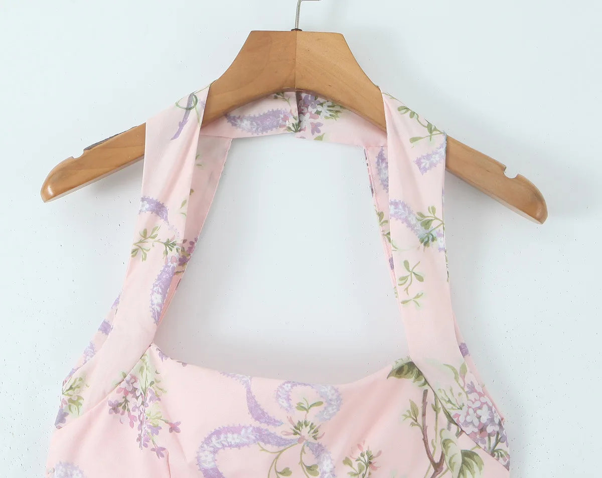 Ceony's Pink Floral Backless Halter Neck Dress
