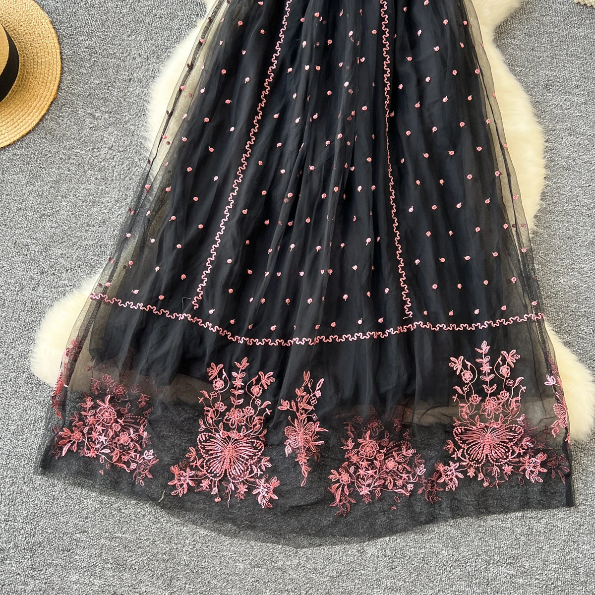 Larney's Butterfly Embroidered Square Collar Sweet Dress