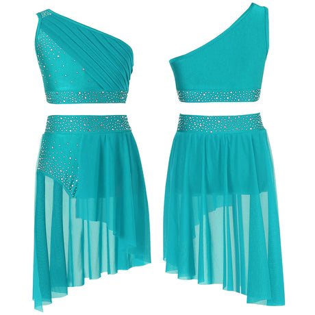 Girls Dance One Shoulder Crop Top Wrap Tutu Skirt Set