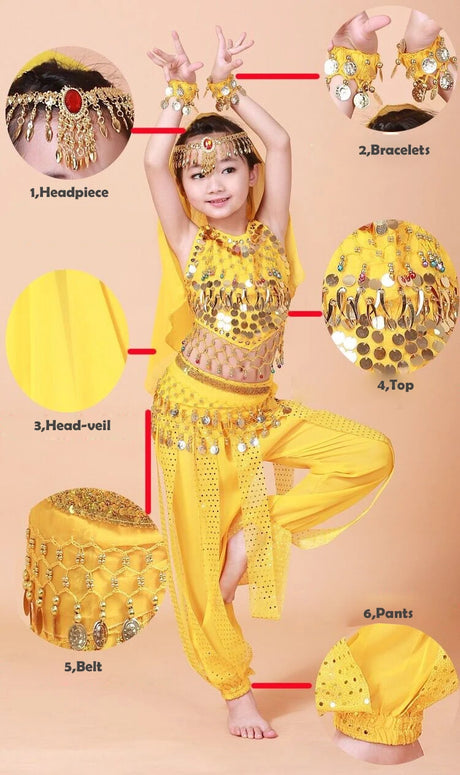Girl's Stage Performance Chiffon Belly Dance Costume 7pcs Sets Kids Dancing Outfits