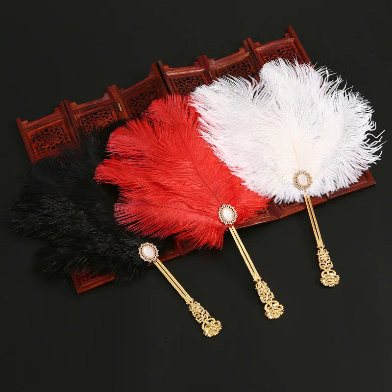 Ostrich Feather Fan Round Fan with Golden Hollow Handle Court Dance Hand Fans