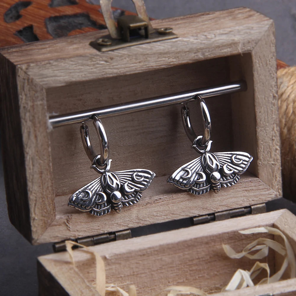 Pagan Moth Moon Phase Stainless Steel Earrings with Wooden Box