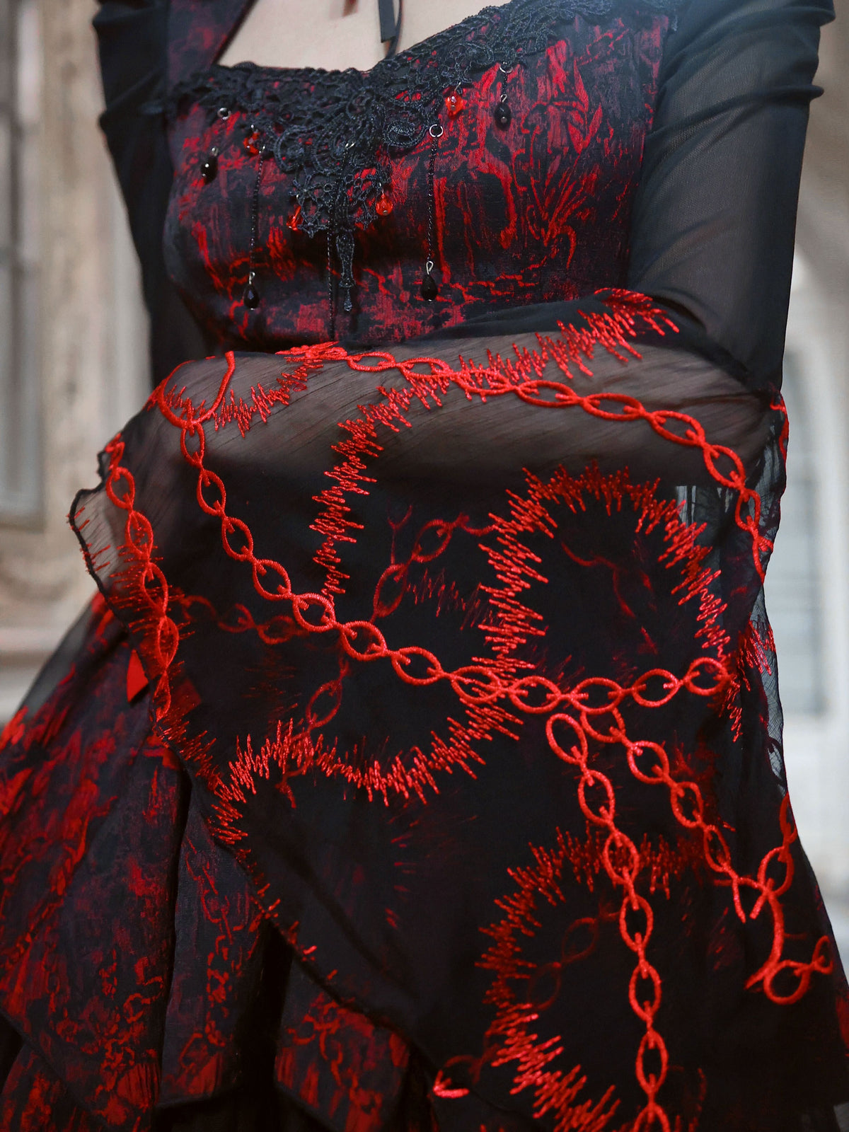 Red Gothic Embossed Jacquard Lace Top & Skirt