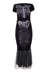 Gothic Mermaid Skeleton Dress Halloween Long Off-Shoulder Black Evening Gown Costume