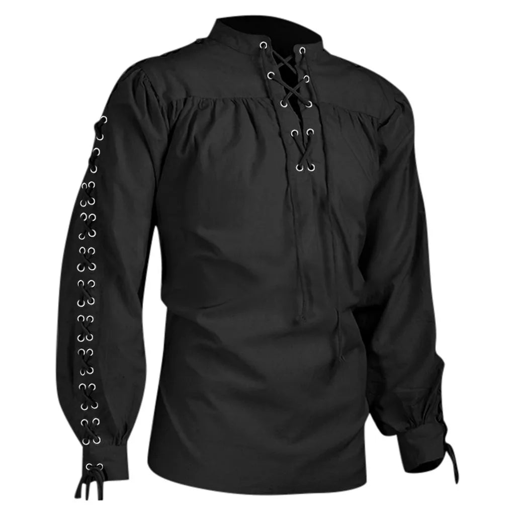 Men Tunic Shirts Viking Pirate Costume Gothic Clothes Drawstring Knight Cosplay Top