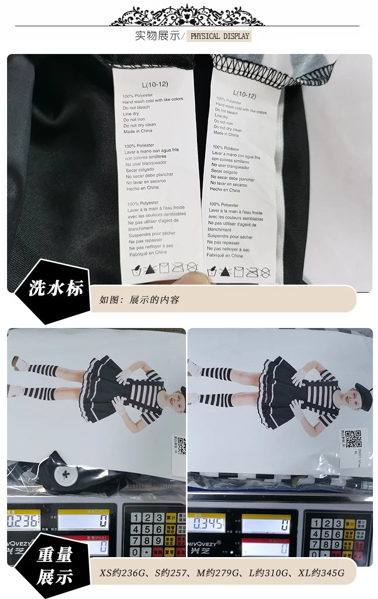 French Mime Pantomime Actor Clown Halloween Girls Stage Performance Costume Outfits Top+Strappy skirt+Hat+Gloves