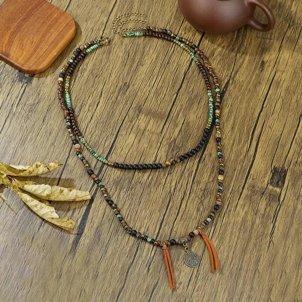 Men's Stacked African Stone Beaded Necklace Set Layered Bohemian Necklace