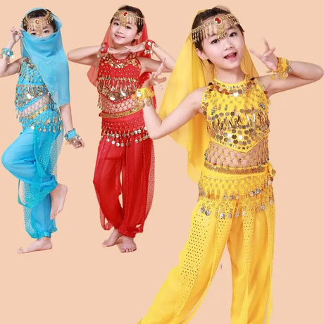 Girl's Stage Performance Chiffon Belly Dance Costume 7pcs Sets Kids Dancing Outfits
