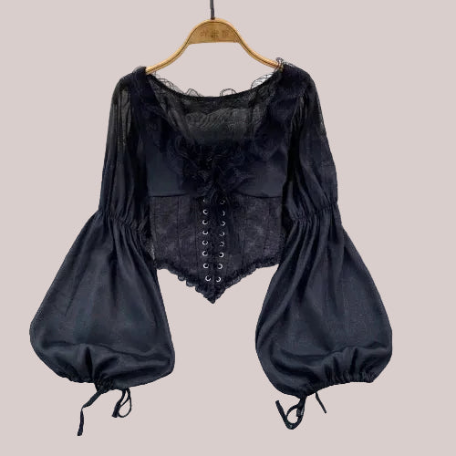 French Court Blouse Chiffon Lace Lace-up Top