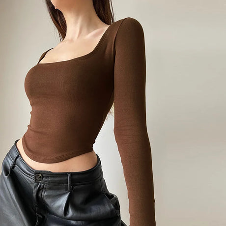 Scooped Long Sleeve Fitted Tees Basics T-Shirts