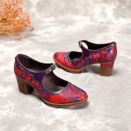 Sally's Embossed Genuine Leather Red Pump Heels Shoes