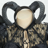 Gothic Black Devil Costume Set Lace Top Adjustable Corset with Irregular Skirt and Bat Wings for Halloween