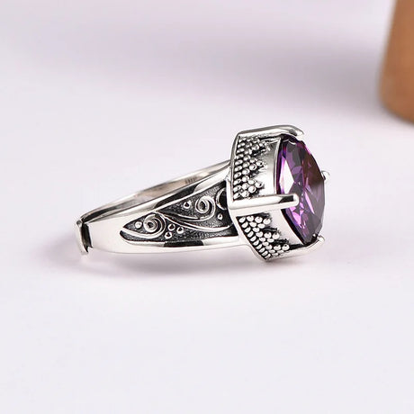 Token of the Wyverns S925 Sterling Silver Ring Ancient Pattern Rhombus Purple Zircon