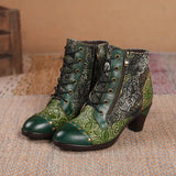 Aggy's Vintage Floral Genuine Leather Patchwork Rivet Handmade Heeled Ankle Boots Shoes