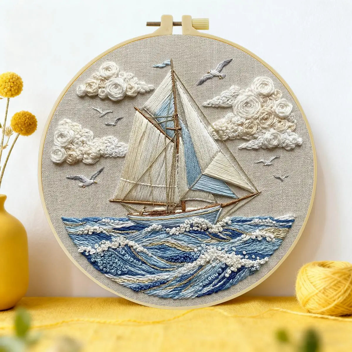 Waves and Sailboat 20X20CM/15X15CM DIY Embroidery Kit for Beginners