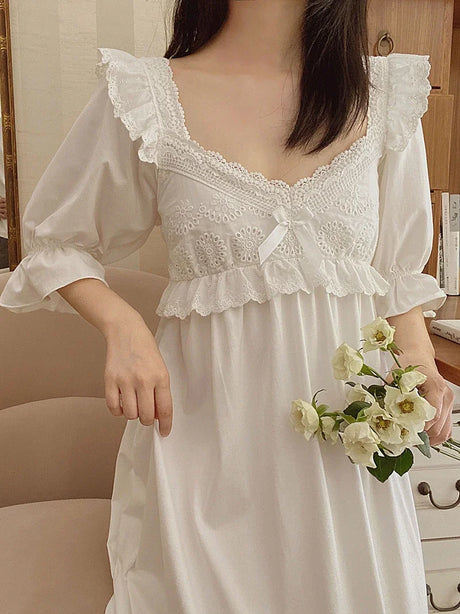Summer Cotton Women's Sleepwear Antique French Style Lace Nightgown Nightdress