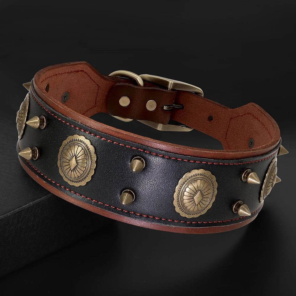 Genuine Leather Dog Collar 2inch Wide Rivets and Spikes Medieval Cosplay