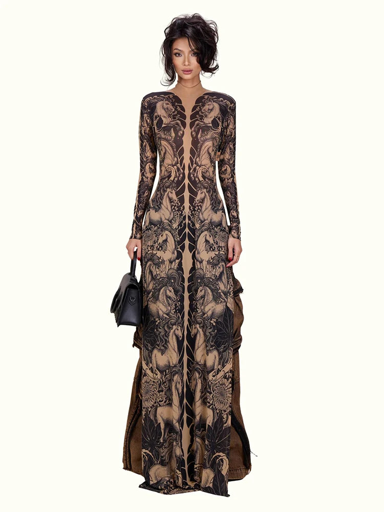 Wild Horses Full Sleeve Long Bodycon Dress Stretch