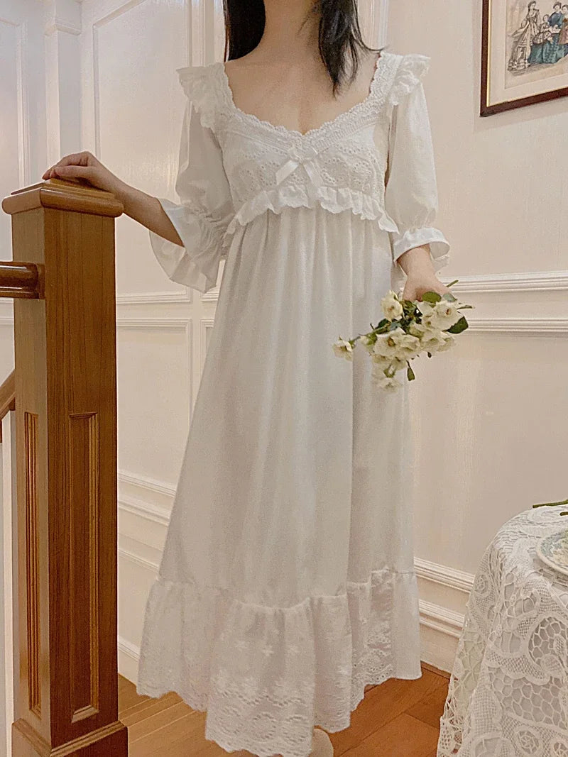 Summer Cotton Women's Sleepwear Antique French Style Lace Nightgown Nightdress
