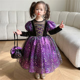 Purple Witch Girls Halloween Costume Star Tulle Party Dresses with Props
