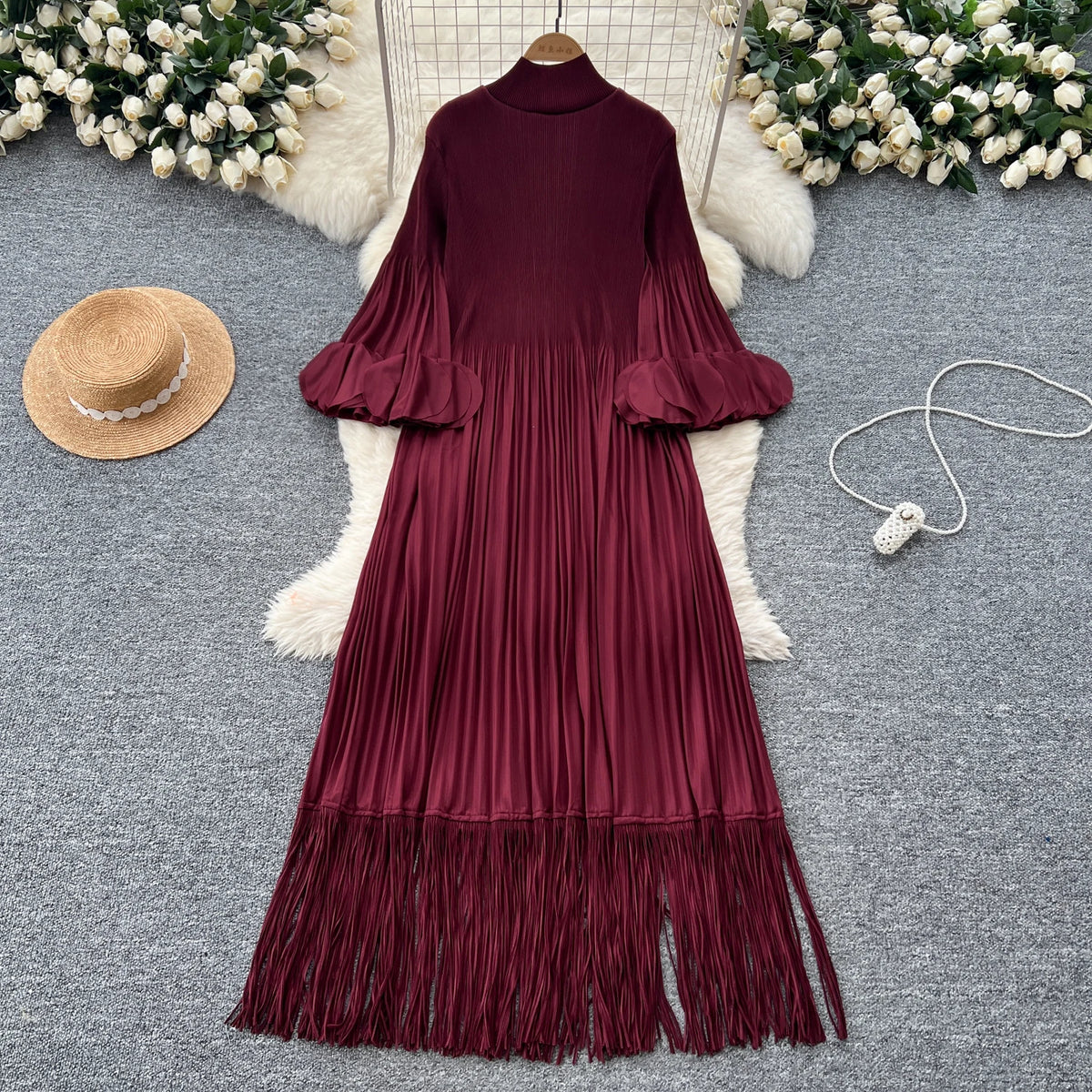 Petal Sleeves Pleated Tassel Dress Eight Colours