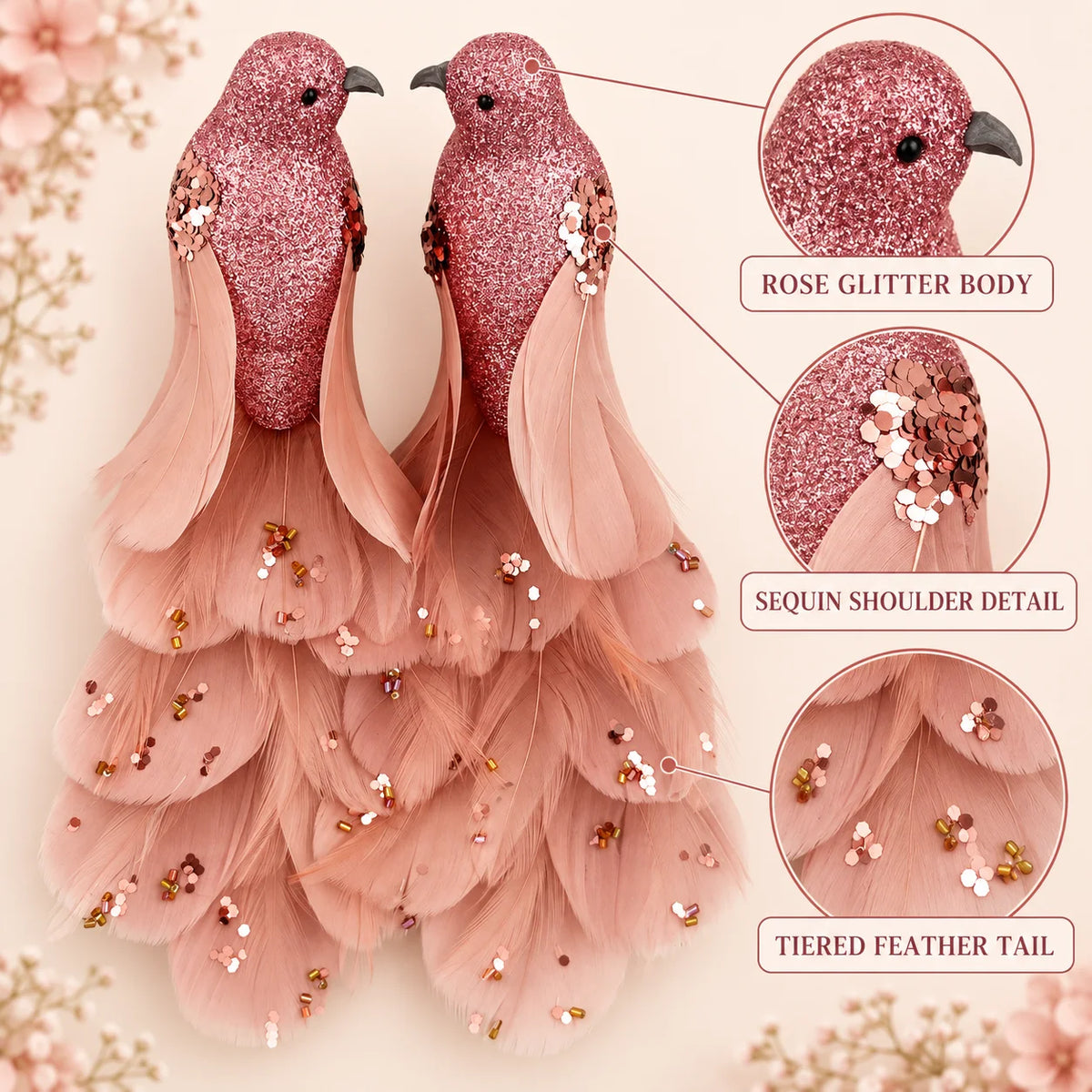 Pink Feather Birds 2PCS Christmas Bird Ornaments Christmas Tree Clips