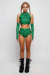 Roller Derby Performance Outfit Women High Neck Crop Set Rave Party Clubwear Printed Bodycon Set
