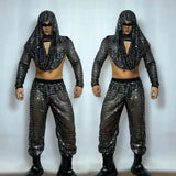 Mens Dance Costume Black Sequins Hool Top Pants Bar Nightclub DJ Male Stage Rave Outfit