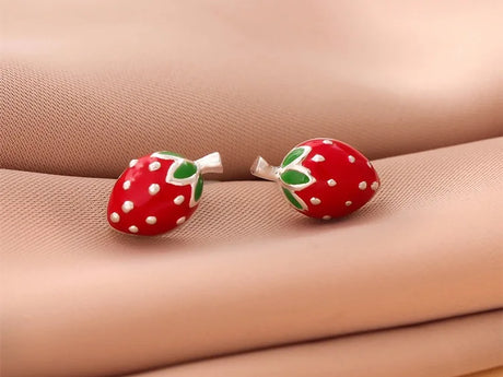 Bitty Enamel Strawberry Stud Earrings 925 Sterling Silver Jewellery