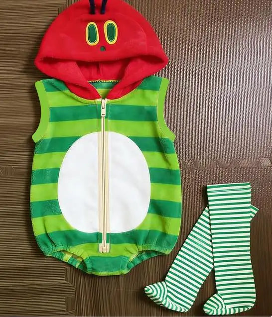 Hungry Caterpillar Baby Hooded Striped Jumpsuits Sleeveless Romper Stockings Costume Photography Outfit