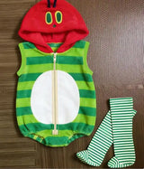 Hungry Caterpillar Baby Hooded Striped Jumpsuits Sleeveless Romper Stockings Costume Photography Outfit