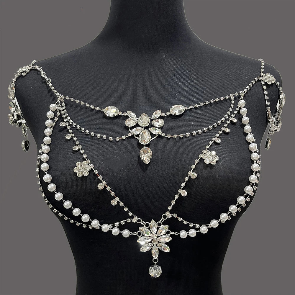 Pearl Rhinestone Shoulder Jewellery for Wedding Dress Accessories Body Chain