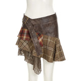 Goblincore Grunge Irregular Spliced Lace Plaid Skirt