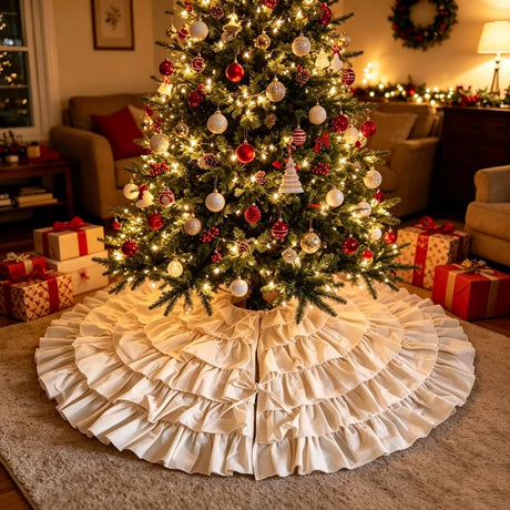 90cm Scottish Christmas Plaid Tree Skirt Ruffle Cake Style