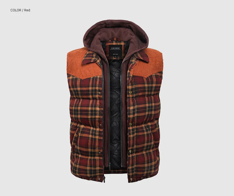 Woodsman Cotton Plaid Hooded Puffer Vest Jacket Thick Warm Winter Plaid Sleeveless Coat