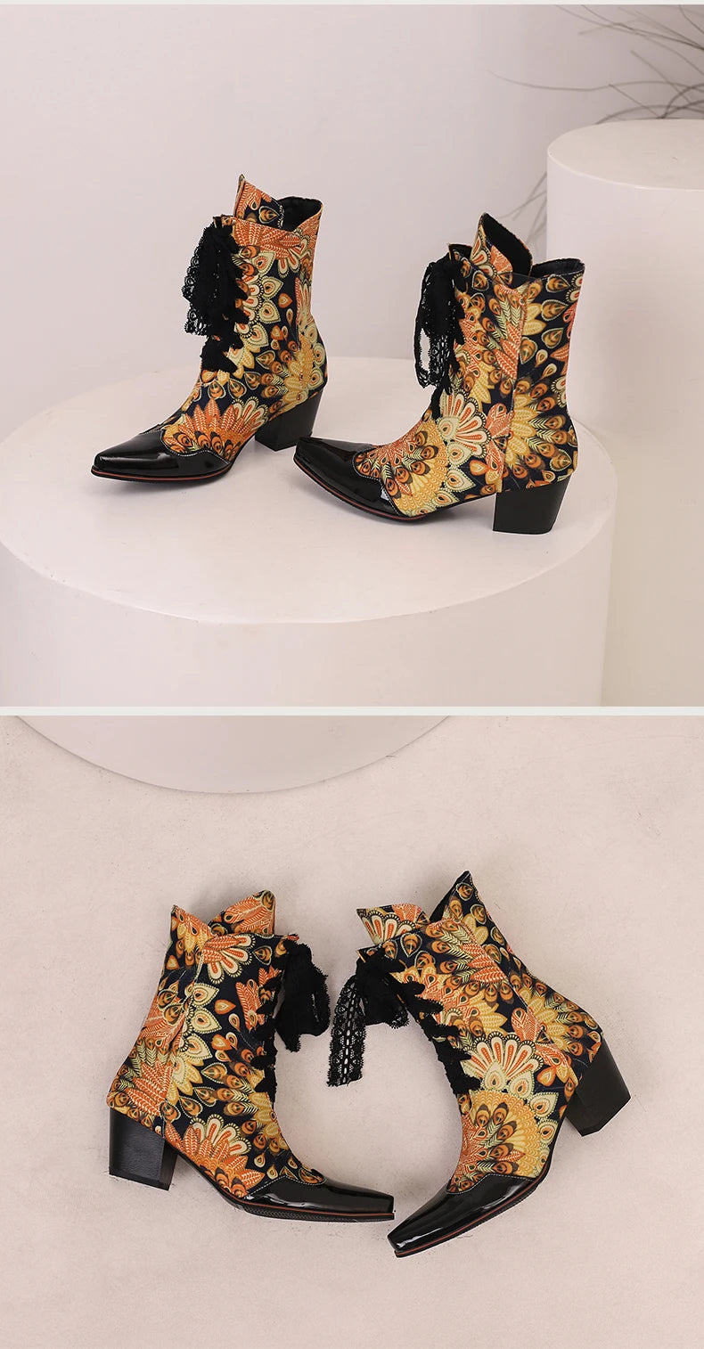 Skull Flower Lace Laces Ankle Boots