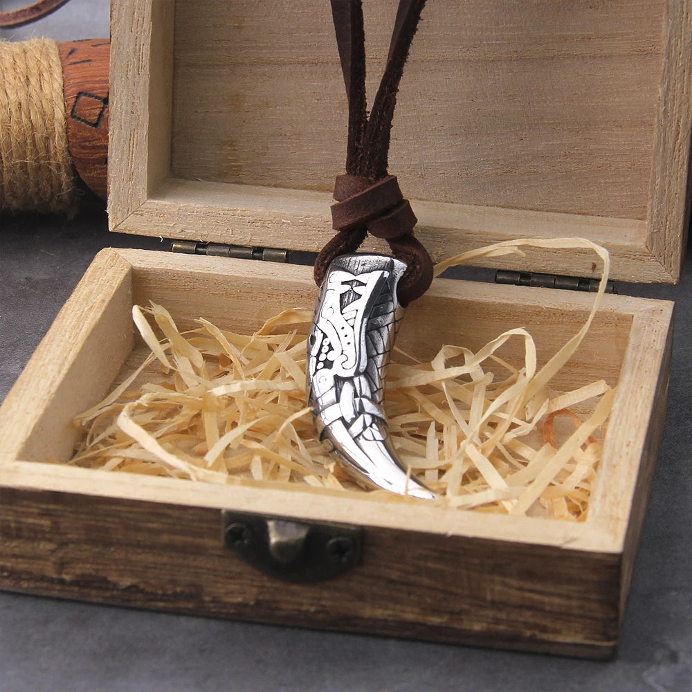 Viking Wolf Fang Stainless Steel Pendant Necklace For Men with Wooden Gift Box