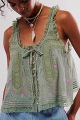 Pip's Summer Cotton Camis Crop Tops Boho Spliced Lace Tank Tops
