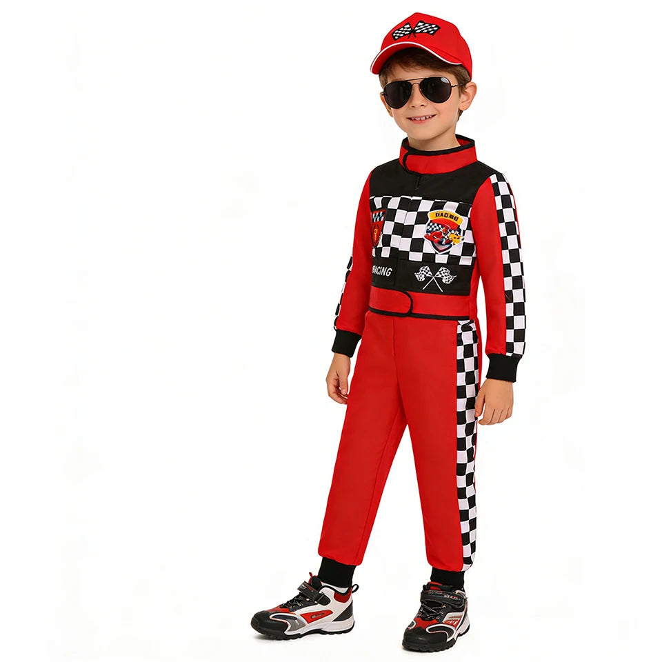 Kids Racer Costume Set Halloween Cosplay Checkered Racing Jumpsuit Boys Book Week Costumes