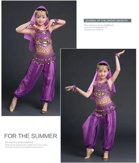 Girl's Stage Performance Chiffon Belly Dance Costume 7pcs Sets Kids Dancing Outfits