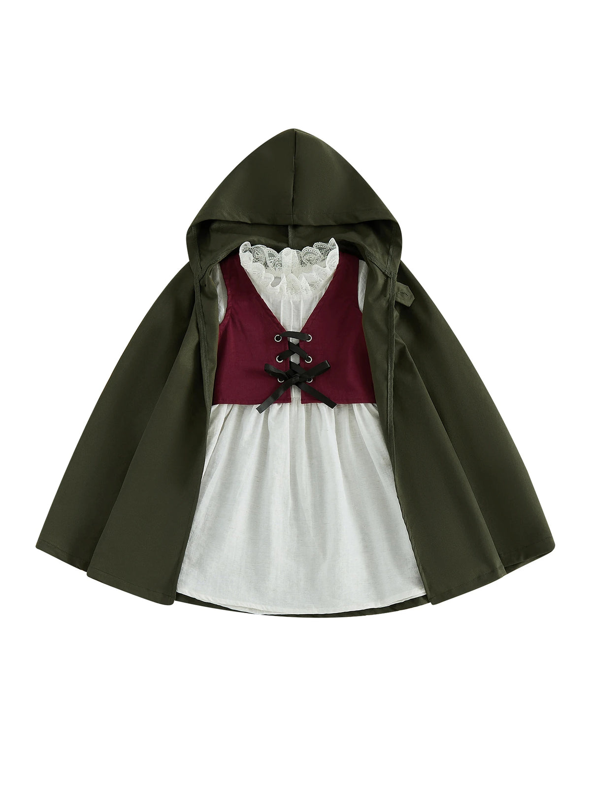 Medieval Woodland Kids Girls Costume Long Sleeve Lace Trim Dress with Vest Cloak Cosplay Outfit Set
