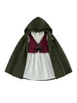 Medieval Woodland Kids Girls Costume Long Sleeve Lace Trim Dress with Vest Cloak Cosplay Outfit Set