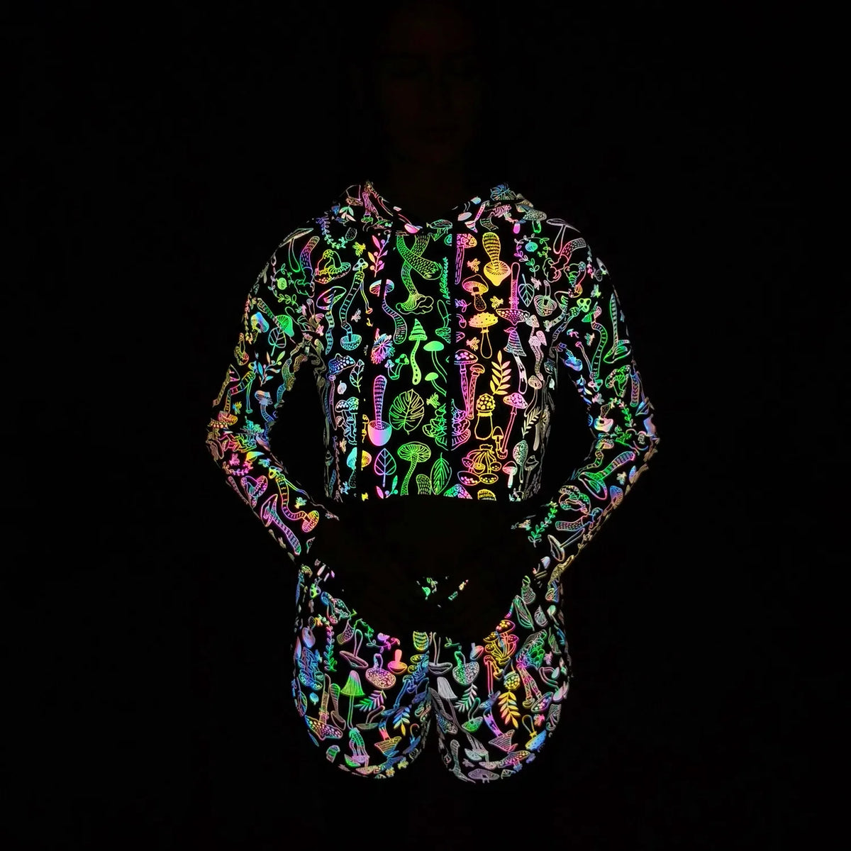 Reflective Mushroom Print Shorts Cropped Hoodie