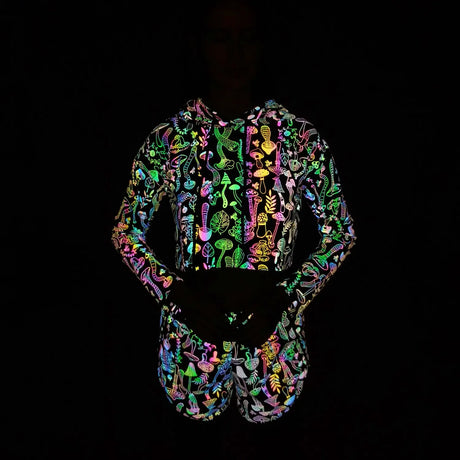 Reflective Mushroom Print Shorts Cropped Hoodie