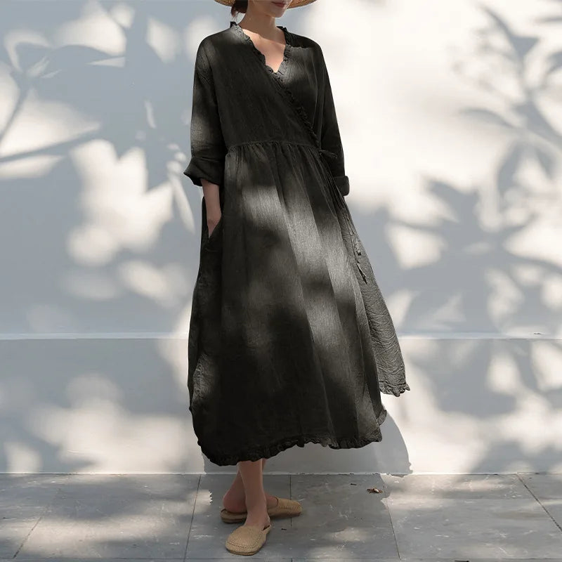 Evie's Vintage French Style Cotton Linen Dress Long Sleeveless Loose Wrap
