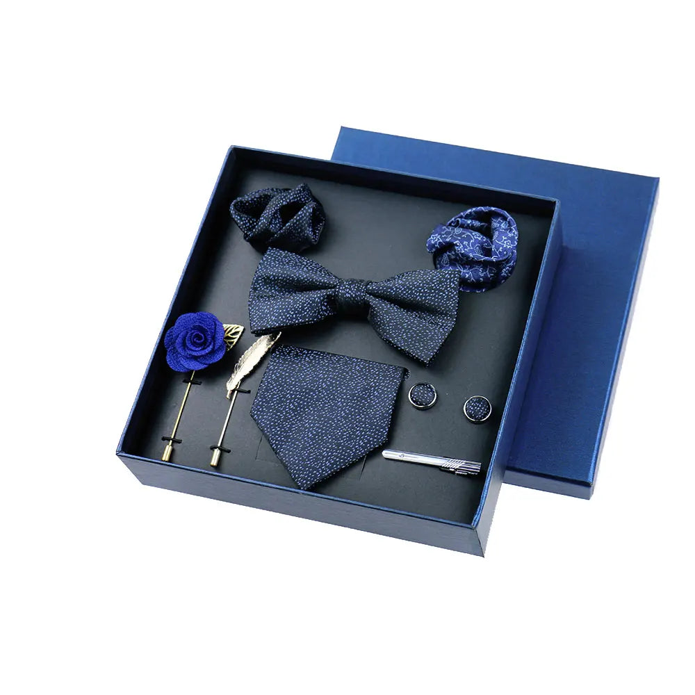 Men's 8pcs Tie Set Wedding Cravat Silk Bowtie Pocket Square Cufflinks Brooch Box Set Gifts For Men