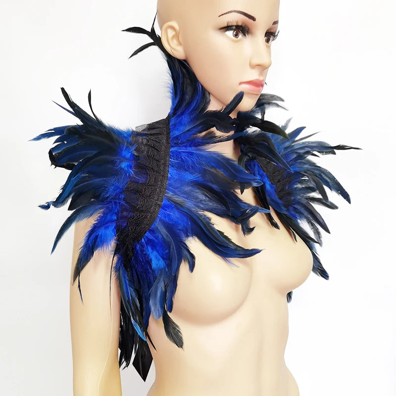 Black Rooster Feather Shrug Gothic Collar with Ribbon Ties