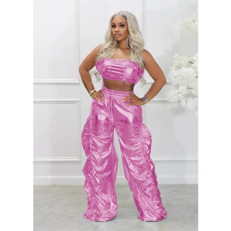 Gold Sliver Metallic Two Piece Sets Crop Top and Pants Streetwear Hip Hop Rave Festival Outfit