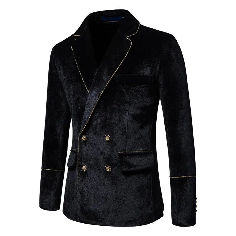 Plush Velvet Suit Two-piece Mens Party Suits Double Breasted Tuxedo Blazers & Pants