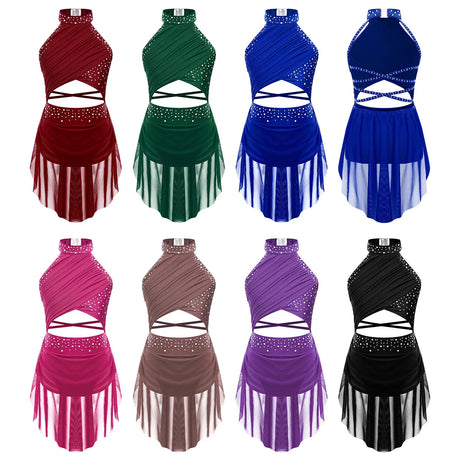 Girls Dance Performance Rhinestone Fringed Dress Figure Ice Skating Dancewear